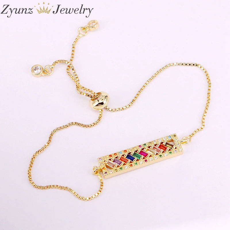 6PCS, Rainbow Lady Girl Crystal CZ Micro Pave Fashion Bar Bracelets Elegant Colorful Zirconia Statement Jewelry Gifts