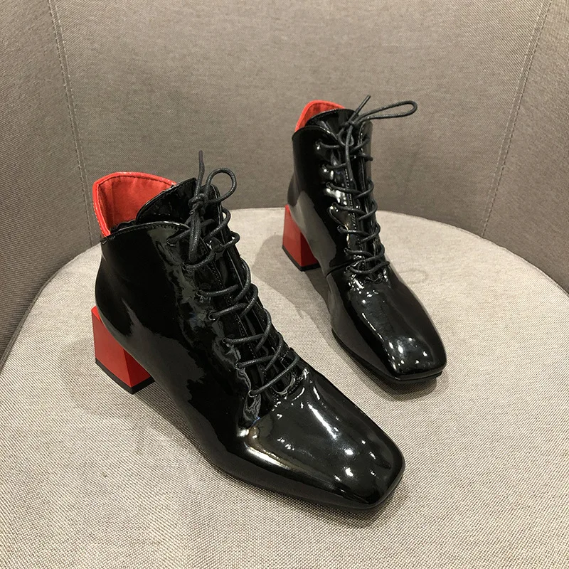 

2020 Spring autumn ankle boots woman shoes pu leather ladies square head boots lace-up ankle boots women's pumps