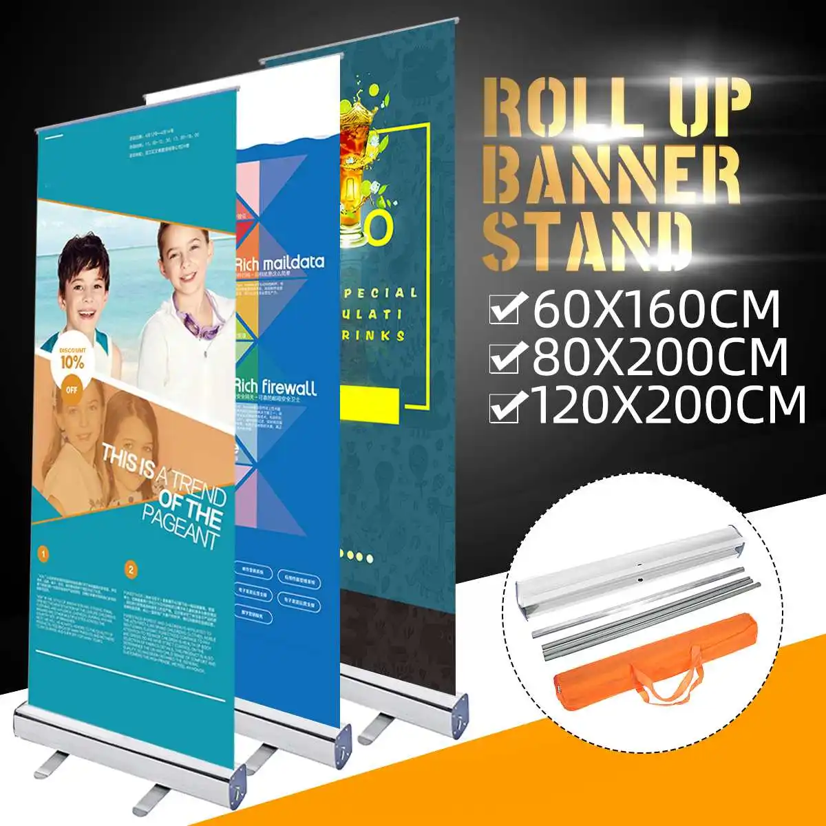 

Plastic Steel Advertisng Poster Floor Stand Holder Portable Roll Up Banner Display Rack Show Display Stand Bag Kit 3 Sizes
