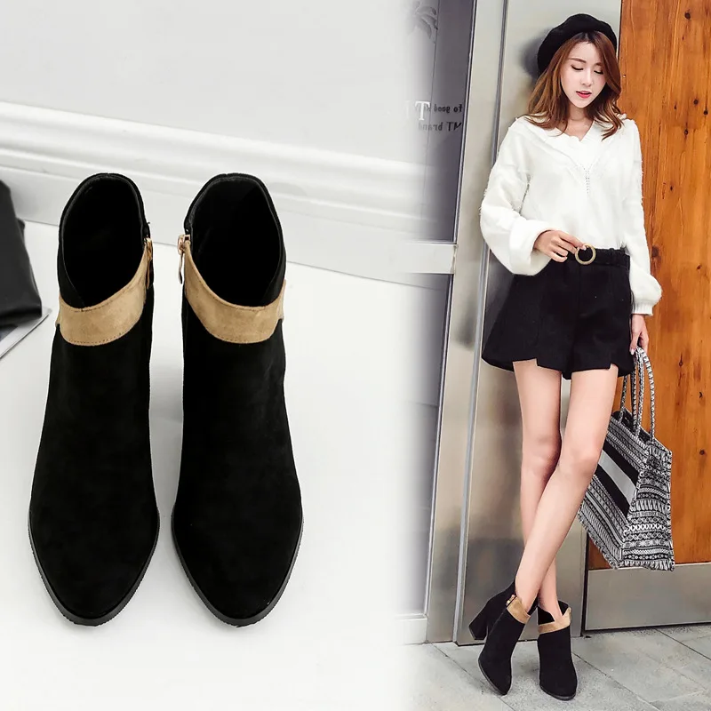 

Women's Short Boot Zipper High Heel Boots Bootee Woman 2019 Winter Shoes Round Toe Luxury Designer Leather Booties Ankle Heels