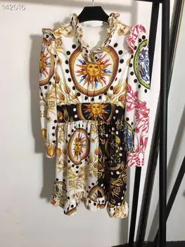 

New 2020 Top Fashion Runway Summer Dress Women's V-Neck Helios Print Elegant Color Patchwork Mini White Dresses