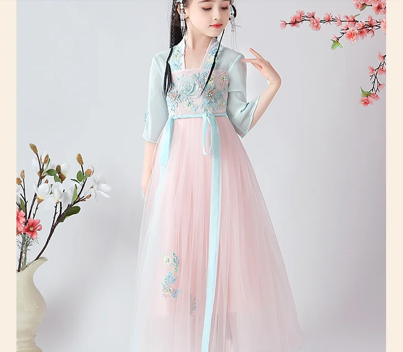 Летние платья Hanfu в китайском стиле; шифоновый костюм династии Тан с вышивкой; Одежда для танцев для девочек; Рождественский подарок; ZL02