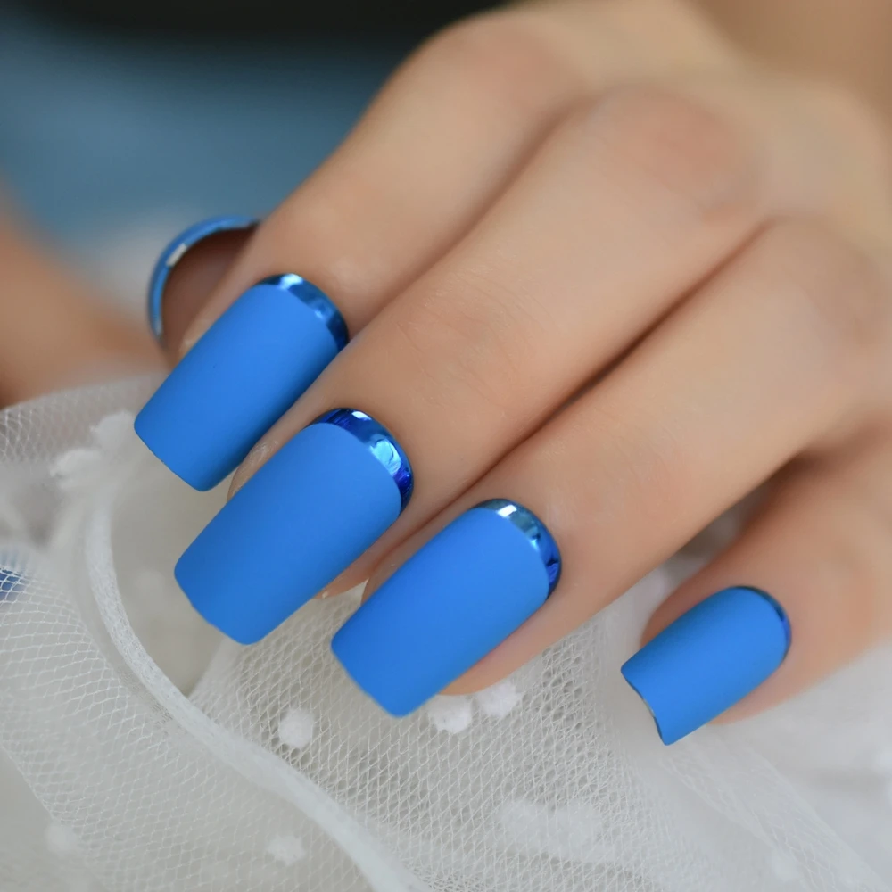 Blue Matte Square Opposite French Fake Tips Chrome Moo Fashion Medium Long Acrylic Nails Wholesale