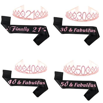 

18 21 30 40 50 Birthday Party Adult Crystal Rhinestone Tiara Shoulder Set Princess Crown Girls Hairbands Accessories Decoration