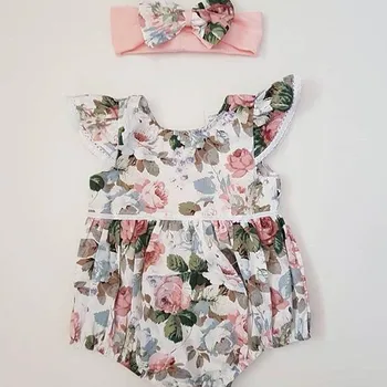 

Newborn Baby Girl Clothes Sleeveless Floral Print Ruffle Bodysuit Bow Headband 2Pcs Jumpsuit Backless Outfits Baby Girl Clothing