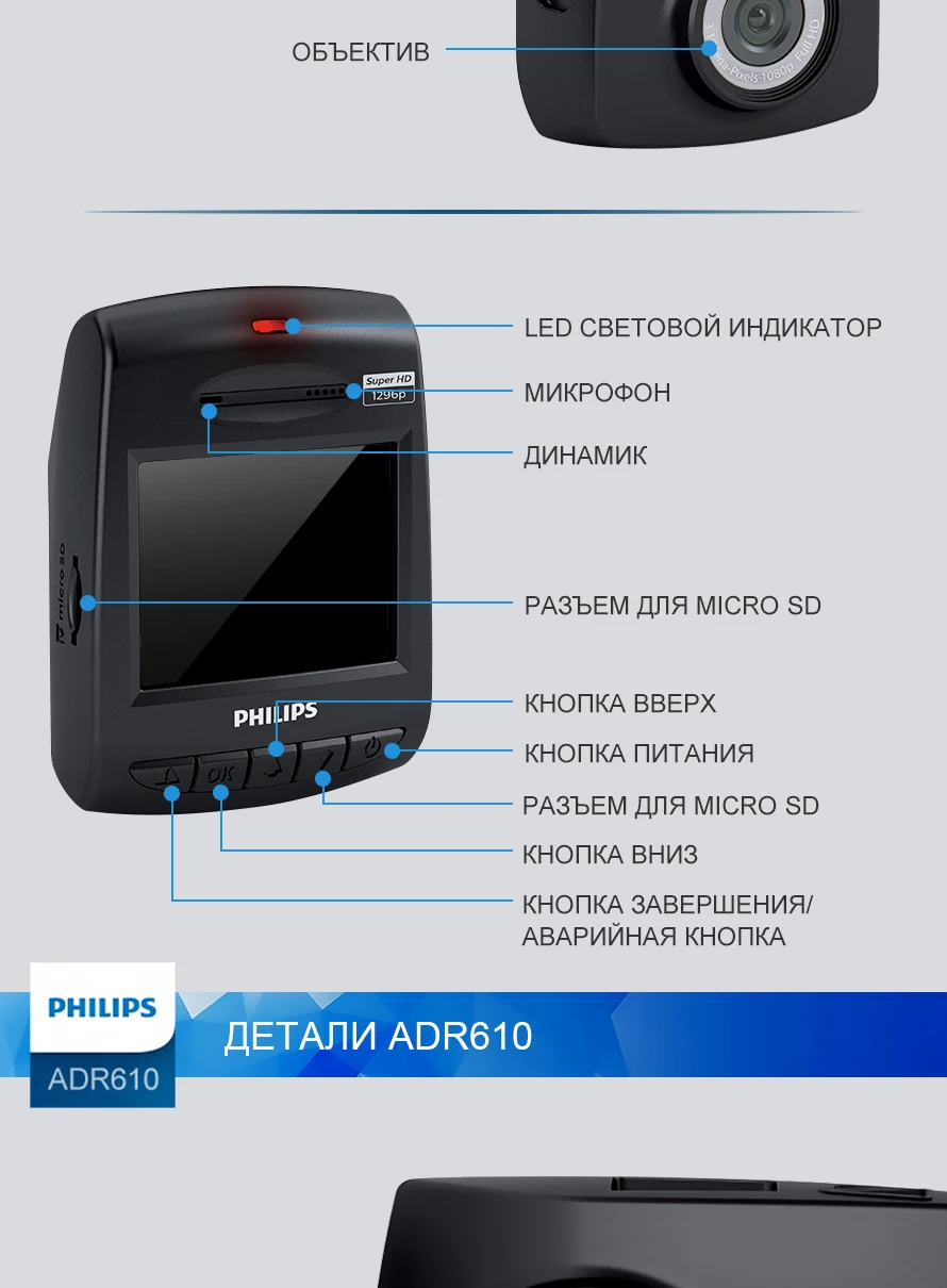 Philips видеорегистратор DVR ADR81 BLX1 DVR ADR810 высокое разрешение 16GB 1920x1080 для авто мини видеозапись