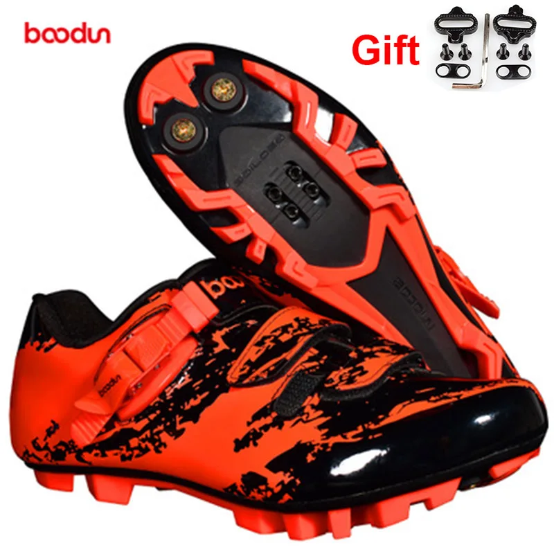 MTB red Boodun new men's mountain bike bicycle self-locking shoes non-slip breathable iron triathlon racing shoes MTB bicycle shoes - Цвет: MTB red