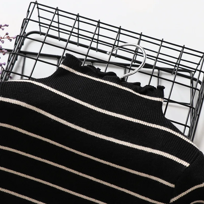 Пуловер для девочек, свитер осенне-зимняя теплая вязаная трикотажная одежда с заниженной талией, детская одежда в Корейском стиле, в полоску, облегающая детская одежда