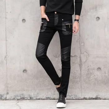 

Fashion Men's Pant Faux Leather Jeans Spliced Denim Trousers Male Stretch Slim Fit Punk Stage Singer Motorcycle Casual Pants Men