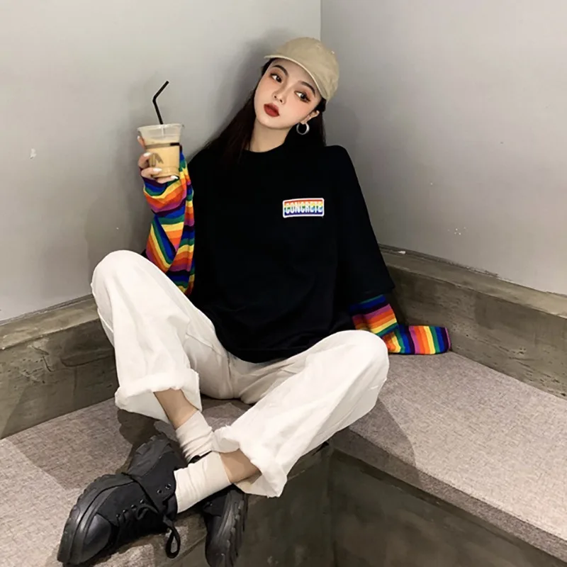 

Striped Patchwork Fake Two Pieces Tshirt Autumn Casual Long Sleeve Women Tops Loose O-Neck Women Streetwear Tee