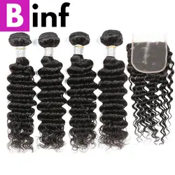 BINF 4 шт. индийские глубокие волнистые пучки с закрытием 100% человеческие не Реми волосы плетение для наращивания натуральный цвет для женщин