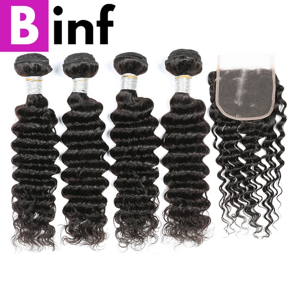 

BINF 4PCS Indian Deep Wave Bundles With Closure 100% Human Non-Remy Hair Weave Extensions Natural Color For Women Free Shipping