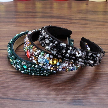 

Romantic Handmade Black And Green Crystals Headbands Rhinestone Beaded Hairbands Women Girls Baroque Hair Accessories