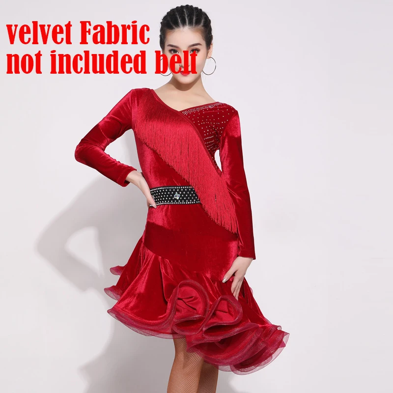 Стандартное платье для латинских танцев, женские бархатные платья с кисточками, стразы, с длинными рукавами, Женская юбка для бальных танцев DL4908 - Цвет: as picture