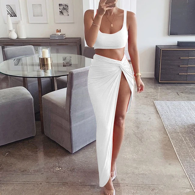 Fashion Female Long Skirt New Sling Tube Top Mid-Length Solid Color High Split 2-Piece Summer Suit For Women Lady Skirts Suits white