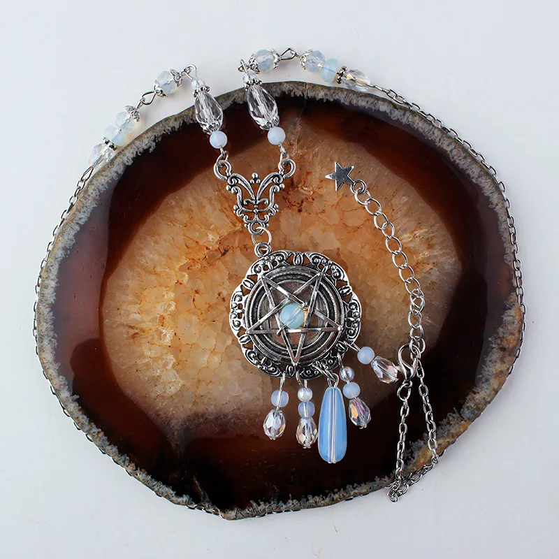 Gothic Pentagram Start Necklace Women Crystal Beads Long Pendant Chain Necklace Initial Statement Necklace Trendy Jewelry