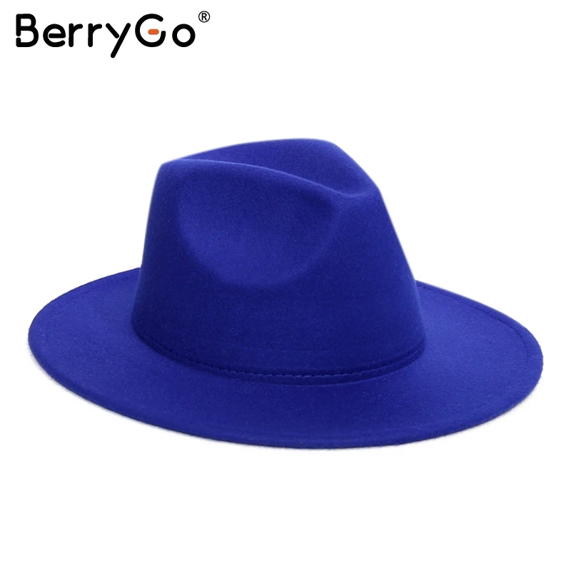 Синий BerryGo широкоугольная шерстяная Фетровая Шляпа Fedora женская элегантная осенне-зимняя шляпа от солнца винтажная Дамская Черная джазовые шляпы уличные шапки - Цвет: Синий