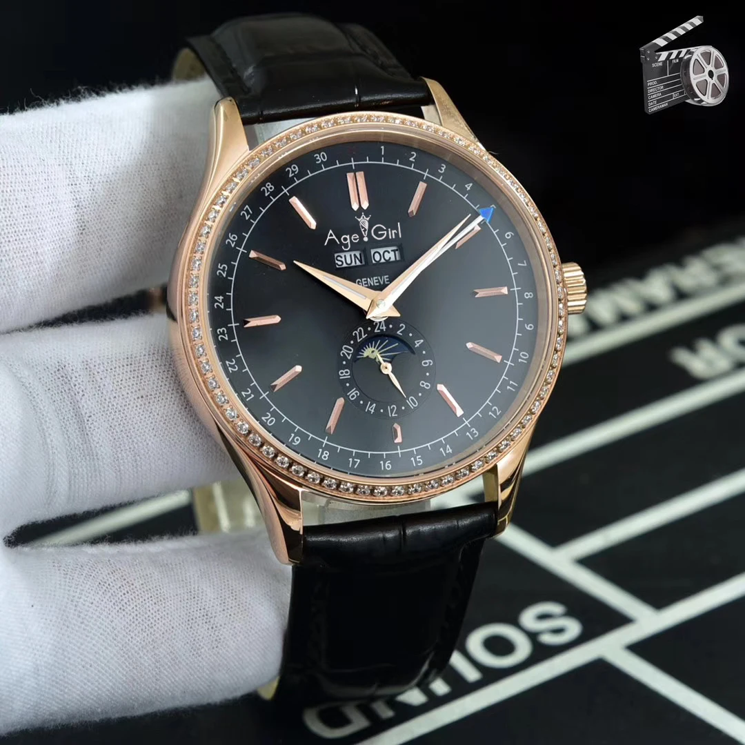 

Luxury Brand New Men Automatic Mechanical Daydate Diamond Bezel MoonPhase Sapphire Silver Rose Gold Black Brown Leather Watches