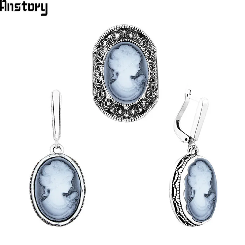 Lady Queen Cameo Jewelry Sets Vintage Necklace Earrings Ring For Women Flower Pendant Fashion Party Fashion Jewelry