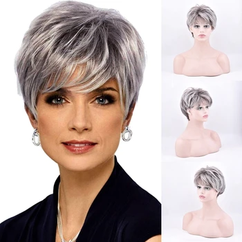 Wigs for Women Synthetic Short Wig with Bangs Mixed Gray Wigs High Temperature Fiber Heat Resistant Hair 1