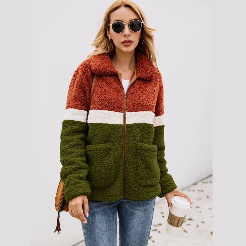 Ideal  Lossky Women Autumn Winter Plush Jacket Coats Long Sleeve Flannel Warm Outwear Female New Patchwork
