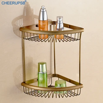 

Bathroom Fan-Shaped Shelf Vintage Gold Shelves Shower Bath Holder Dual Layers Triangle Basket Copper Storage Shelfs Rose Gold