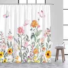 

Butterfly Floral Shower Curtain Watercolor Pink Yellow Flowers Natural Plant Creative Simple Polyester Fabric Bathroom Decor Set