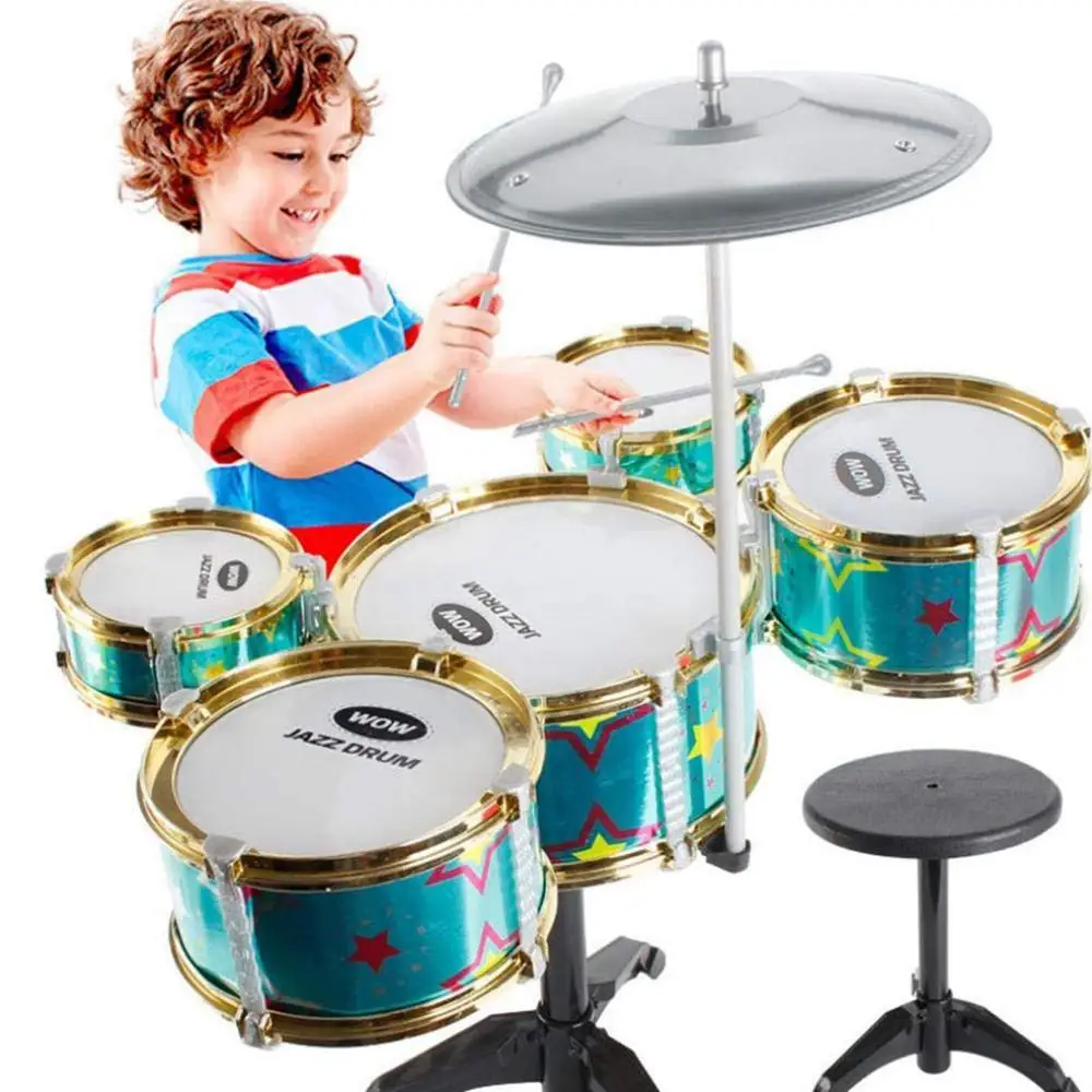 

Simulation Drum Set Musical Rhythm Instrument Toy 5 Drums with Small Cymbal Stool Drum Stick Music Toys for Children Gifts