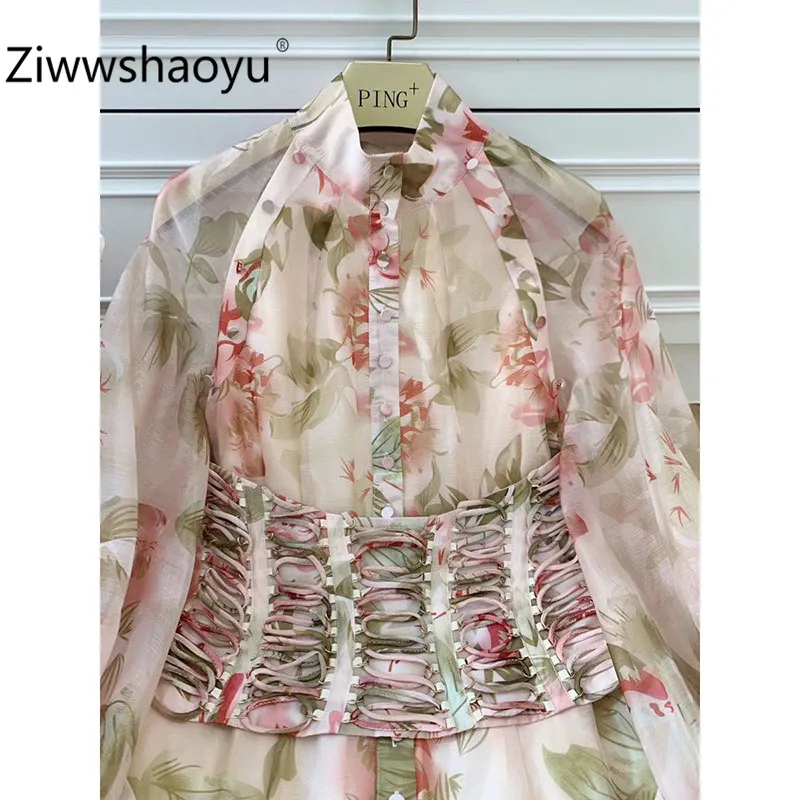 Ziwwshaoyu Очаровательное платье из органзы с цветочным принтом женское асимметричное платье с рукавами-фонариками и оборками, осеннее платье с поясом для подиума