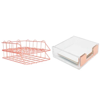

1 Set Of 2 Office Supplies Metal Stackable File Document Letter Tray Organizer & 1 Pcs Clear Acrylic Rose Gold Self-Stick Note P