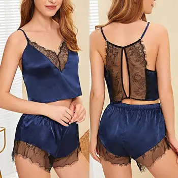 

2Pcs Set Women V Neck Lace Patchwork Back Hollow out Camisole Shorts Sleepwear Pajamas