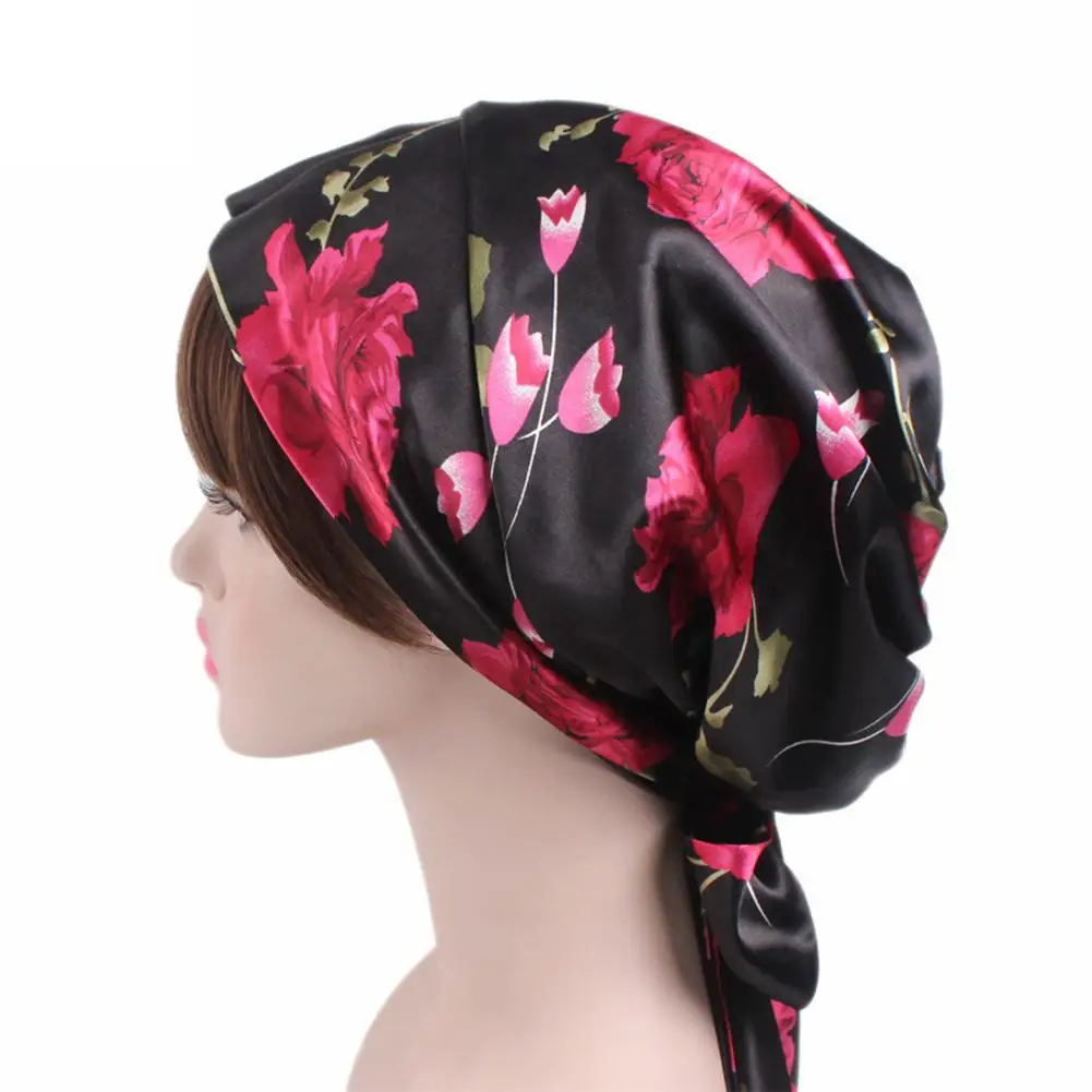 Black flower DSstyles 1 шт. Женский мягкий атласный Чепчик для сна салонный капот с длинными атласные со шнурком галстук бабочка с принтом шляпа - Цвет: Black flower
