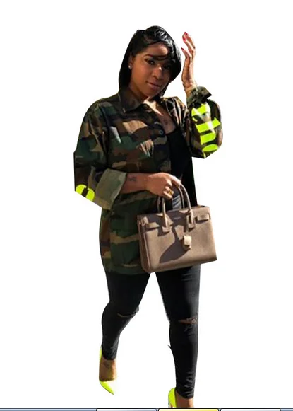 Women's Green Camouflage Long Jackets Plus Size Long Sleeve Camo Streetwear Coat femme