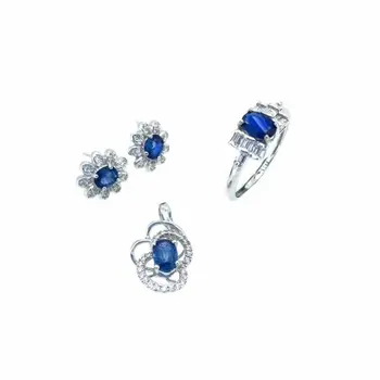 

SHILOVEM 925 STERLING SILVER REAL NATURAL SAPPHIRE RINGS PENDANTS STUD EARRINGS FINE JEWELRY WOMEN WEDDING OPEN YHTZ454606AGL
