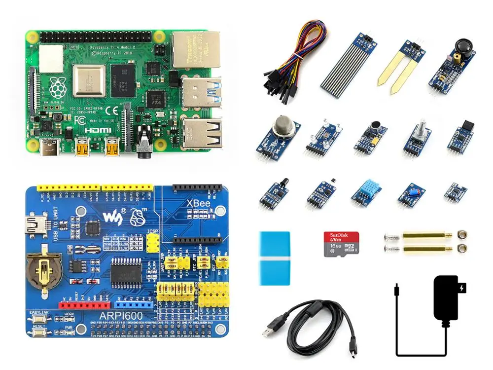 Waveshare Raspberry Pi 4 Model B Sensor Kit ARPI600 Adapter Board 13x Popular Sensors