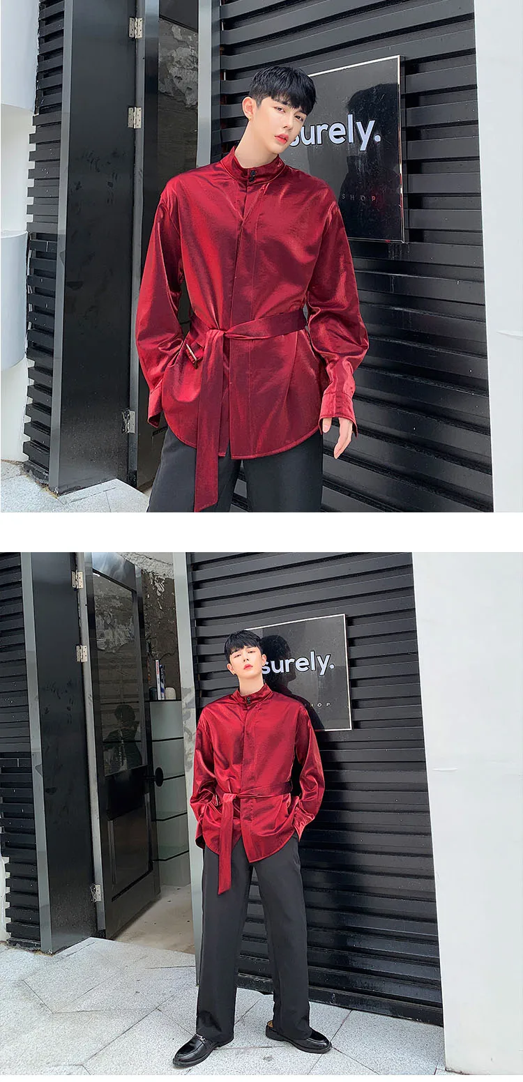 Мужской женский ремень с воротником-стойкой винтажная модная уличная хип-хоп рубашка для влюбленных Одежда Мужская блестящая повседневная рубашка с длинными рукавами