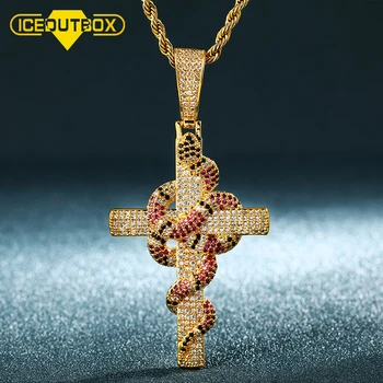 

ICEOUTBOX Snake Winding Cross Pendant Necklace Iced Out Chains Cubic Zirconia Pendant Christmas Halloween Hip Hop Jewelry Gifts