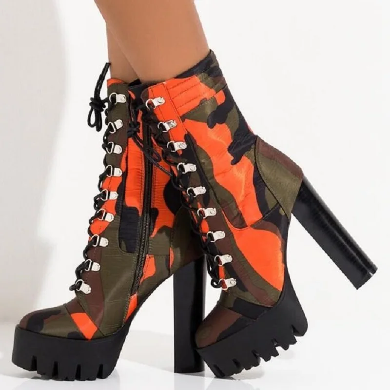 Womens Camouflage Boots Heels Ankle Boots Camouflage Lady Short
