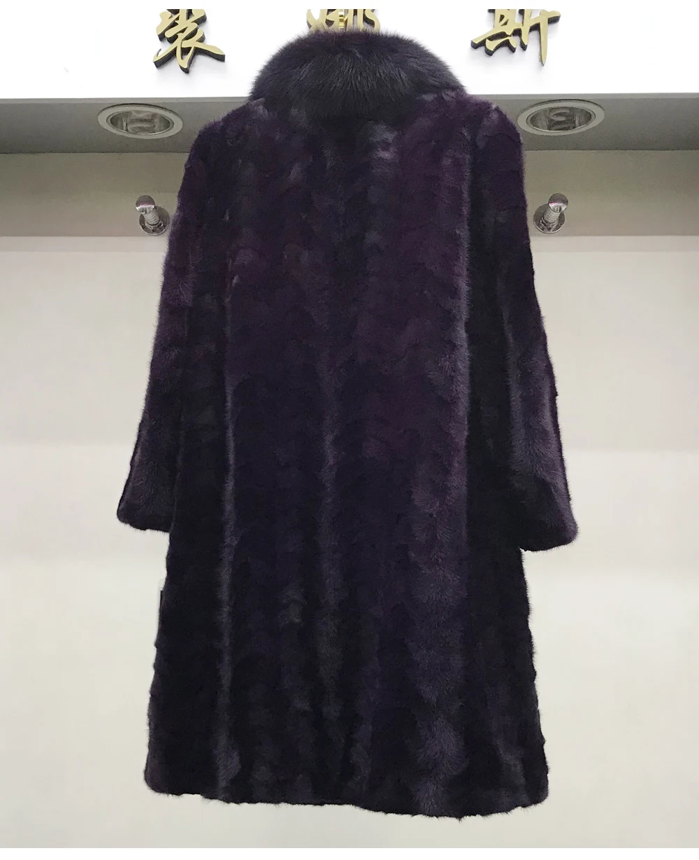 New Fashion Women Winter Handmade Real Mink Fur Coats Lady Thick Warm Long Natural Mink Fur Overcoats With Fox Fur Collar Coat