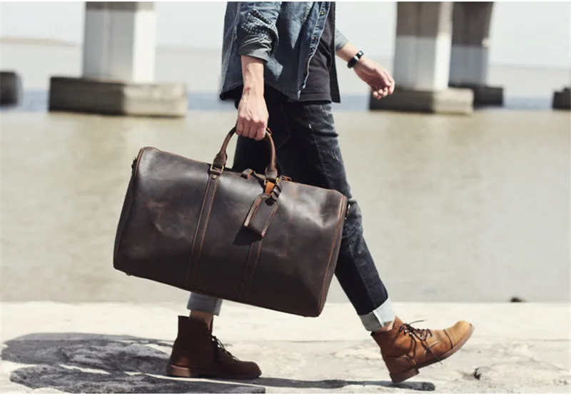Outdoor Model Show of Woosir Leather Weekender Duffel Luggage Bag