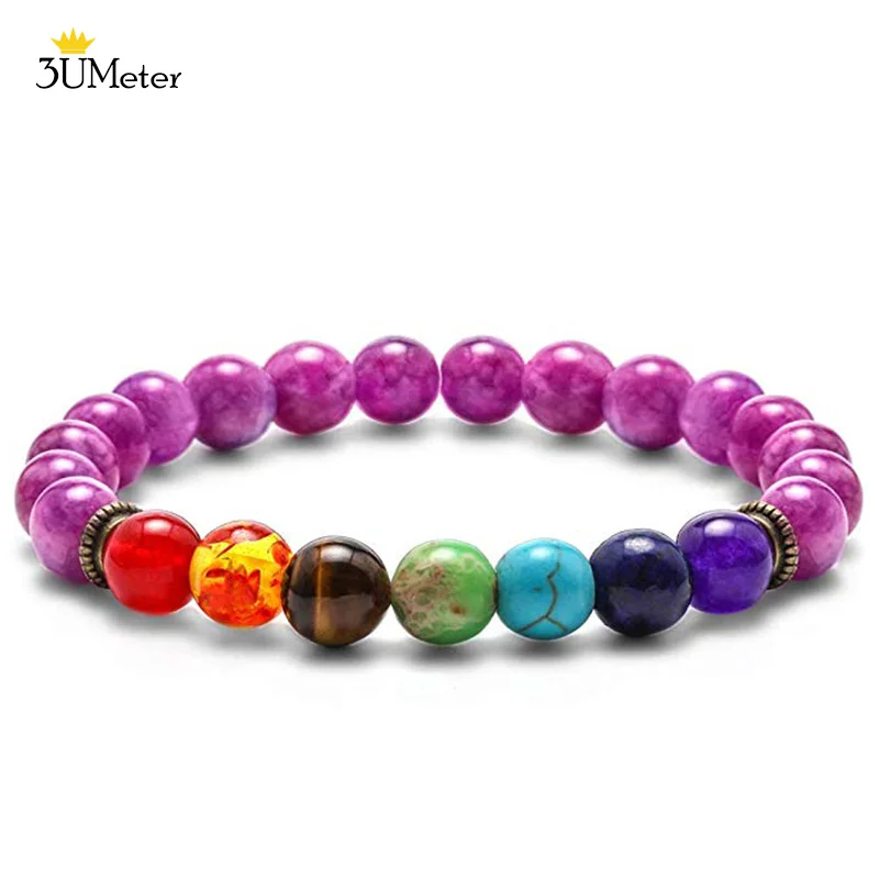 Purple bracelet 8 мм бусины тигровый глаз браслет натуральный камень 7 чакра браслеты йога баланс бусины Будда молитва эластичный браслет для мужчин и женщин - Окраска металла: Purple bracelet