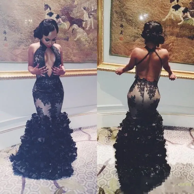 

100% Black Girls Mermaid Prom Dresses 2019 Sheer Lace Applique Sexy Backless Ruffles Skirt Formal Dresses Evening Gowns W029