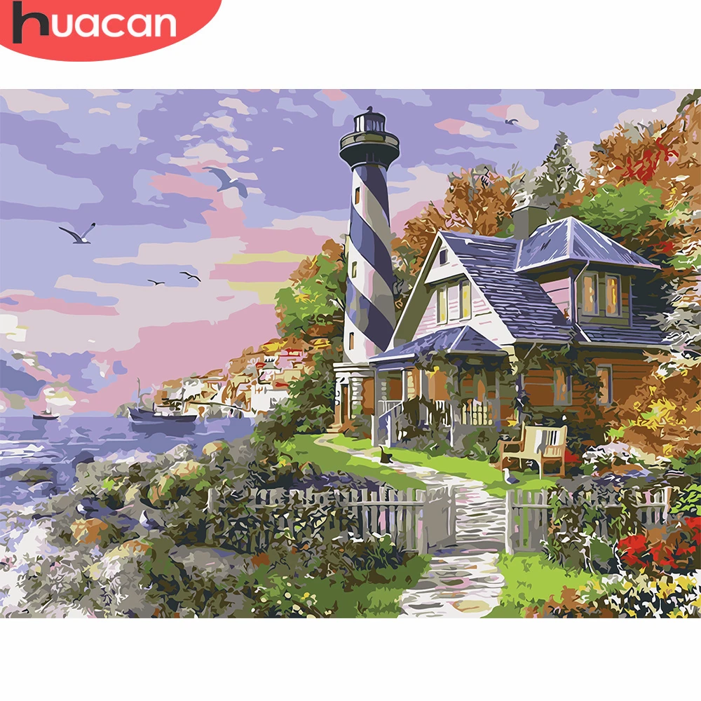 

HUACAN DIY Pictures By Numbers Scenery Oil Painting By Numbers Lighthouse Landscape Kits Drawing Canvas HandPainted Home Decor