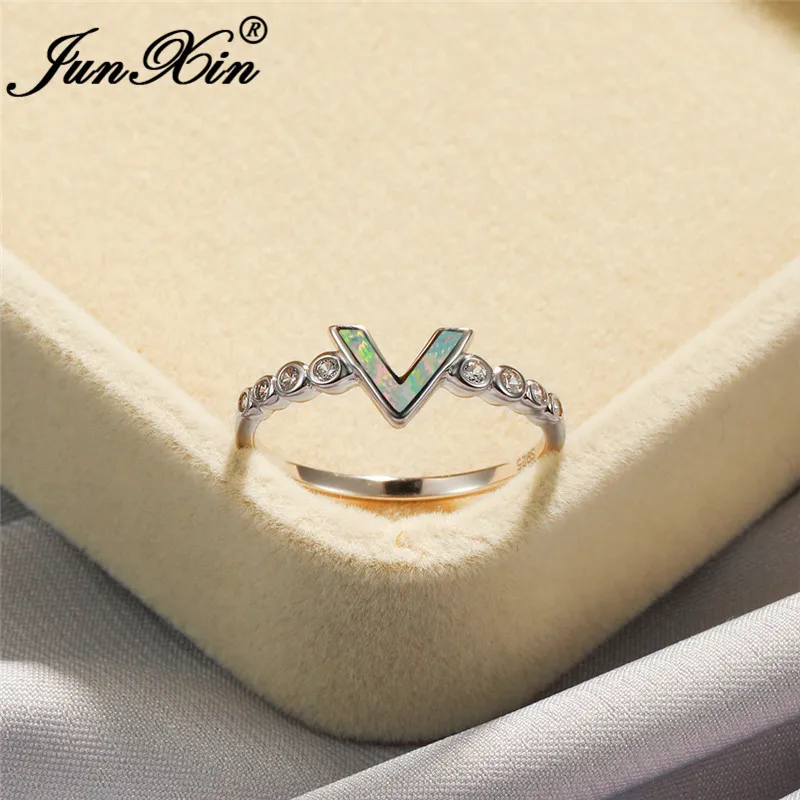 Изысканное кольцо с буквой V, 925 пробы, серебряное, голубое, белое, огненный опал, кольца для женщин, минималистичные тонкие кольца, циркониевые Свадебные украшения - Цвет основного камня: White Opal Ring
