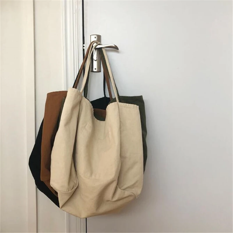 Large Canvas Tote Bag Women Capacity Travel Shopping Handbag Lady Simple Design Shoulder Bag Solid Color Reusable Books Bag