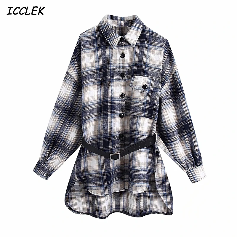 

Za Women's Shirt Coats with Belt Jackets Female 2020 Autumn Long Sleeve Vintage Plaid Jacket Streerwear Outerwear Pocket Coat Bf