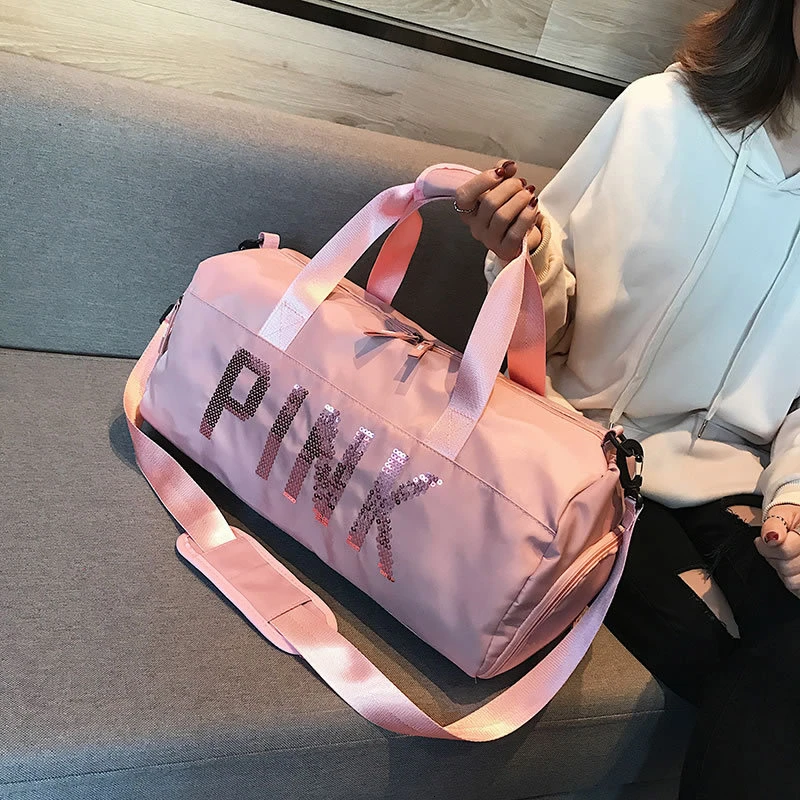 Дизайн с блестками, розовая спортивная сумка, отсек для обуви, водонепроницаемая сумка для спортзала, женская сумка для фитнеса и путешествий, сумка через плечо