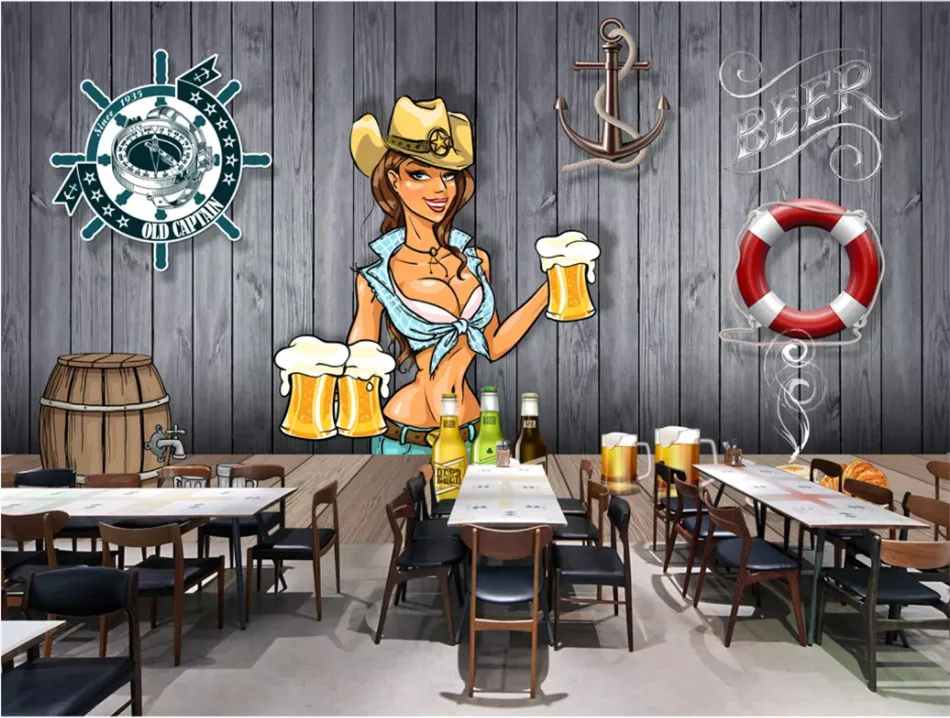 European and American Style Retro Wood Board Background Beer Mural Wallpaper Restaurant Bar KTV Industrial Decor Wall Paper 3D
