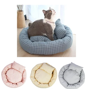 

Round Puppy Kennel Cat Bed House Plaid Cotton Cushion Mat with Pillow Small Dogs Cats Nest 35cm 45cm 50cm 70cm