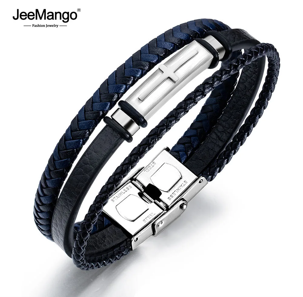 

JeeMango PU Leather Man Cuff Bangle & Bracelets Jewelry Fashion Punk Stainless Steel Multilayer Male Charm Bangles Gift JOPH1326